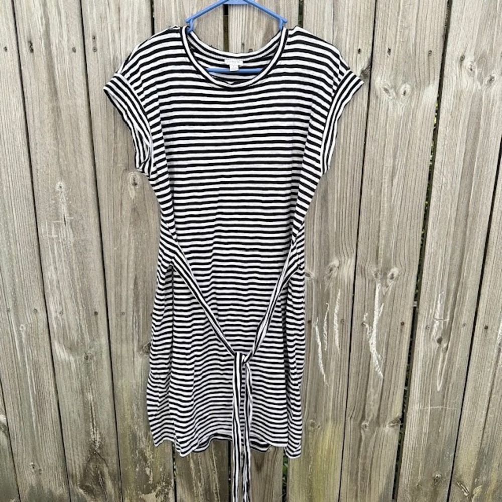 Nautical Coastal J.Crew T-Shirt Dress L Black White Striped Tie Waist